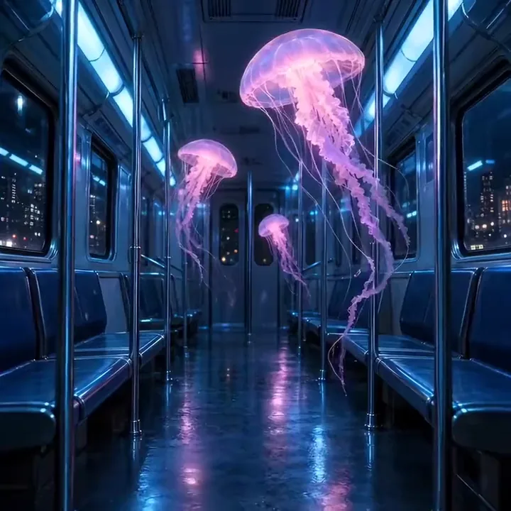 Glowing pink jellyfish drifting through an empty subway car at night
