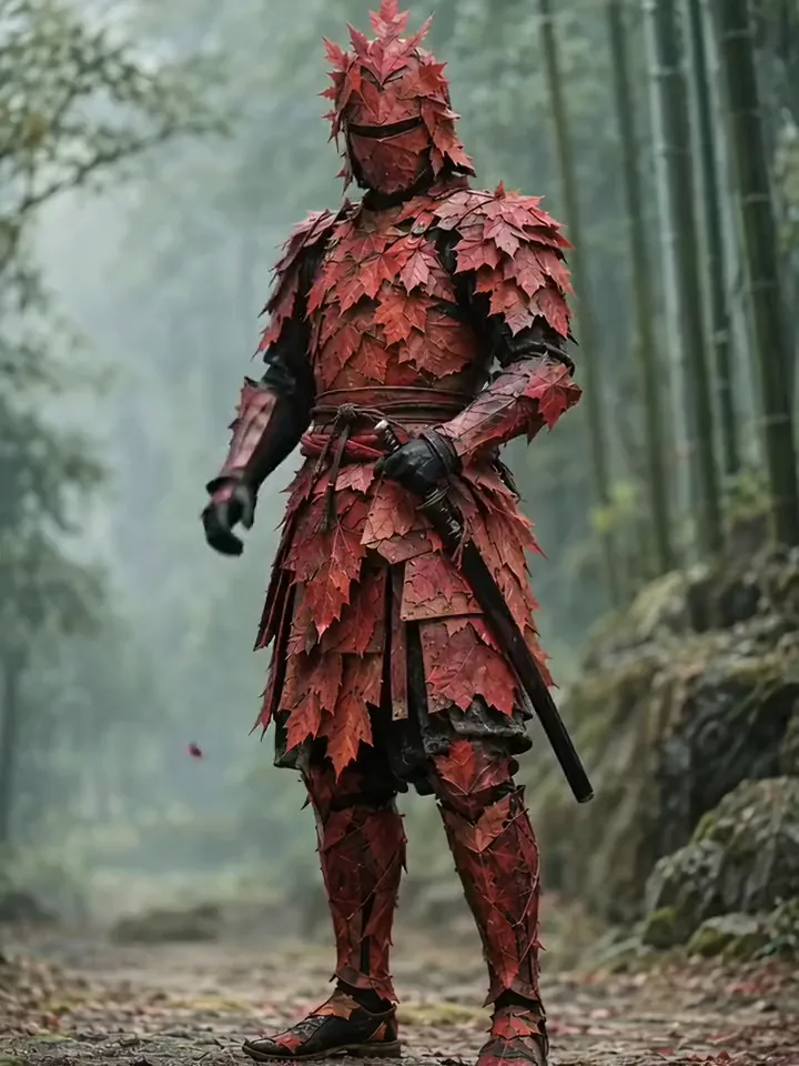 Warrior in red leaf armour drawing a sword as the armour scatters into falling leaves
