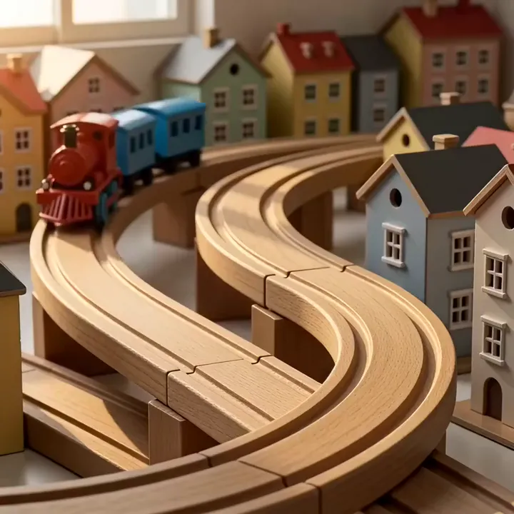 Video Luma Dream Machine di una locomotiva giocattolo in legno rosso che traina due vagoni blu lungo una curva in un villaggio giocattolo