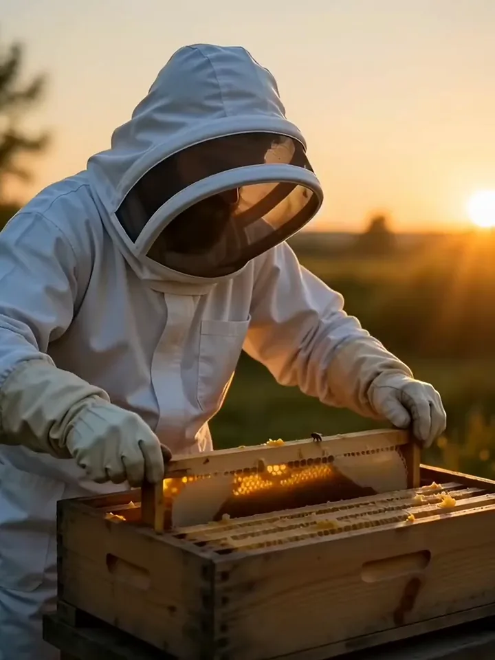 Video Luma Dream Machine di un apicoltore che solleva un telaio di favo mentre il sole basso brilla attraverso il miele