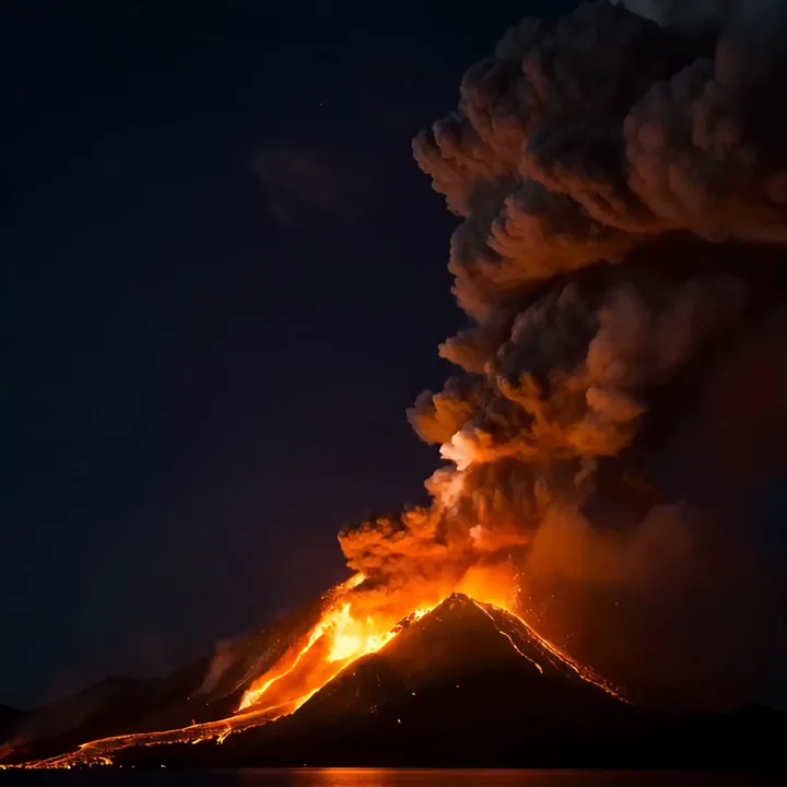 Video Luma AI di un fulmine che si ramifica nella nube di cenere sopra un vulcano in eruzione