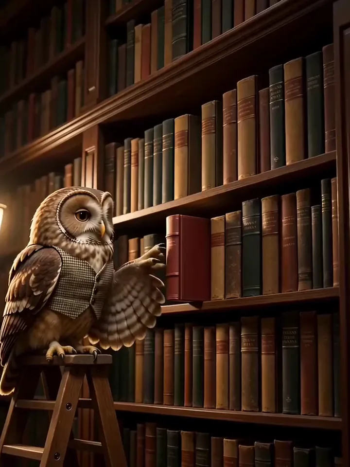 Un gufo che fa scivolare un libro rosso al suo posto sullo scaffale di una biblioteca