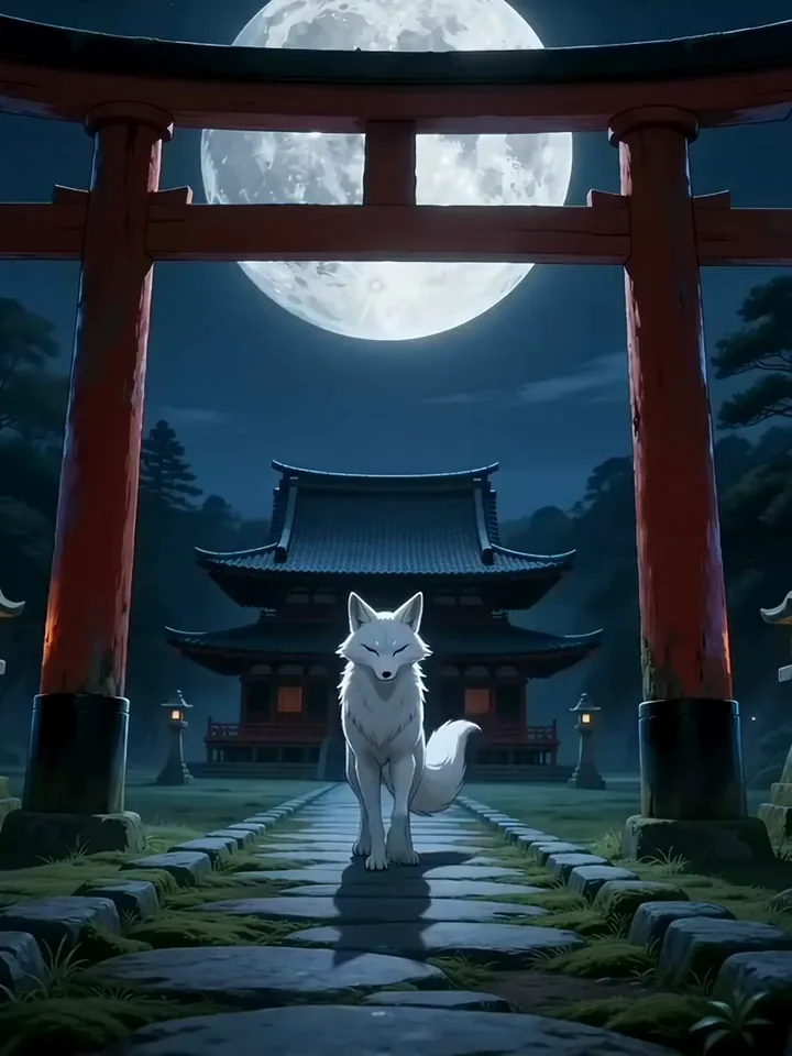 MiniMax H3 video of a white kitsune spirit fanning nine glowing orange tails under a red torii gate