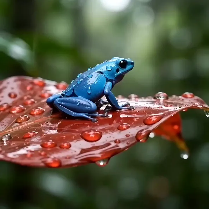 A blue poison dart frog on a wet red leaf as raindrops gather and drip