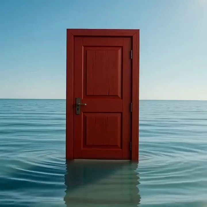 MiniMax H3 video of a red door standing in the sea that swings open onto golden dunes