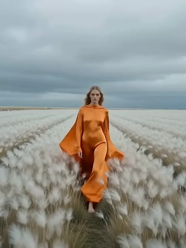 MiniMax H3 video of a model in a flowing tangerine outfit walking through windblown cotton grass