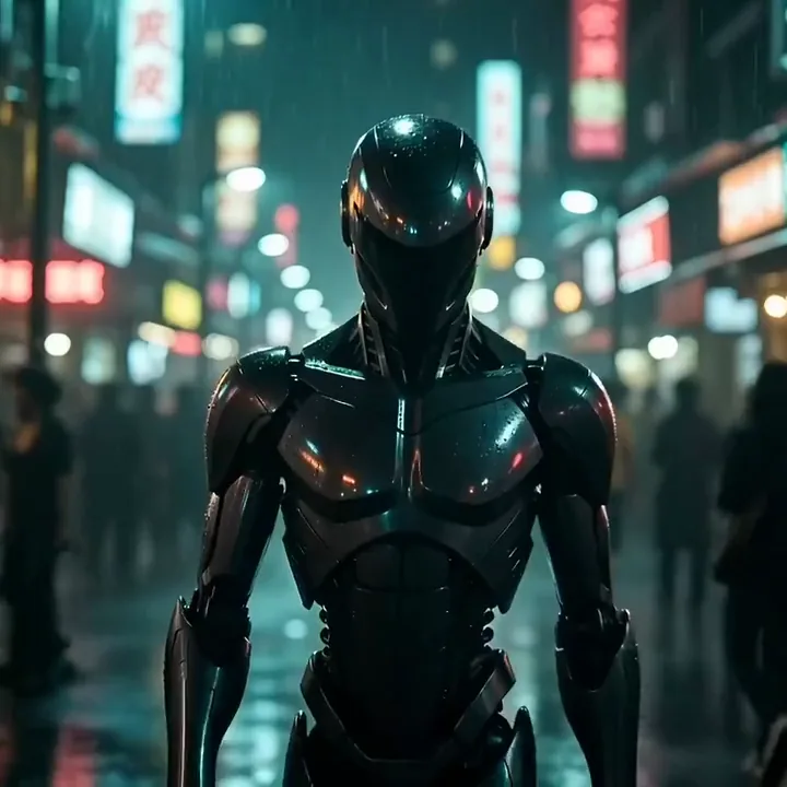 An android with a glowing red visor stepping toward the camera in a rainy neon market