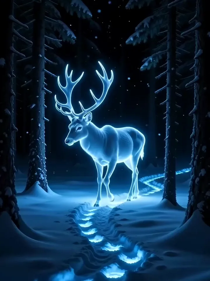 A stag made of glowing blue light walking between dark pines in falling snow