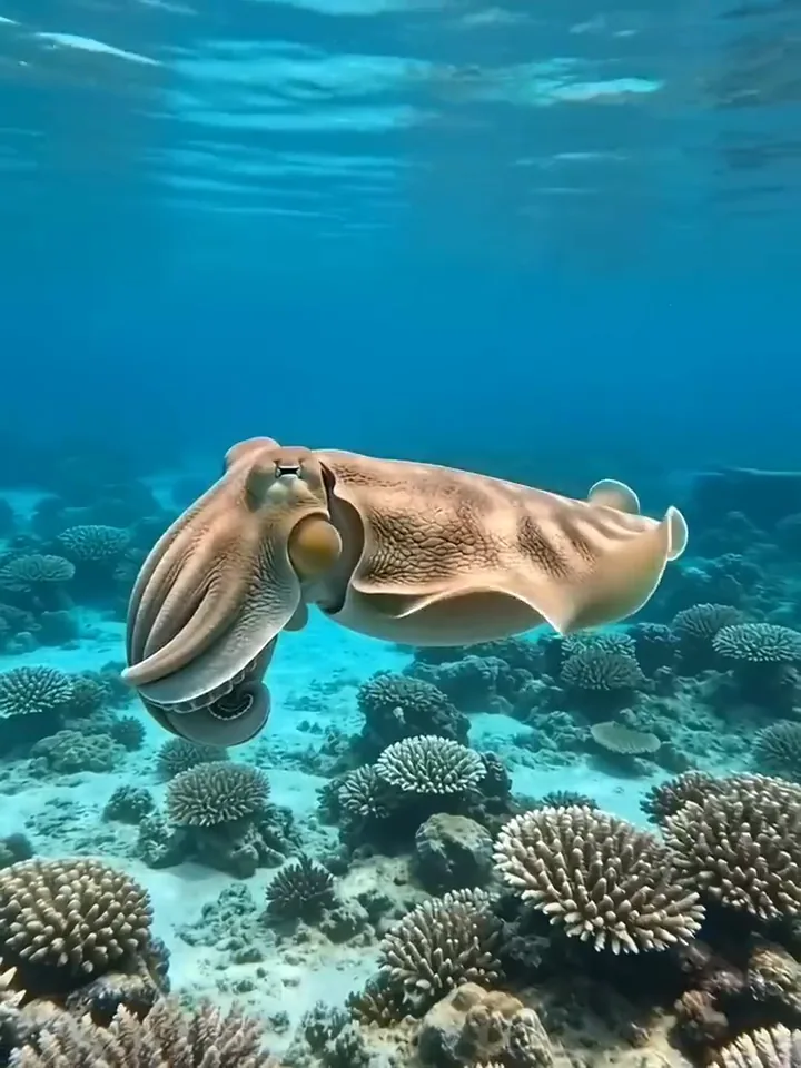 PixVerse video of a cuttlefish rippling bands of violet and orange over a coral reef