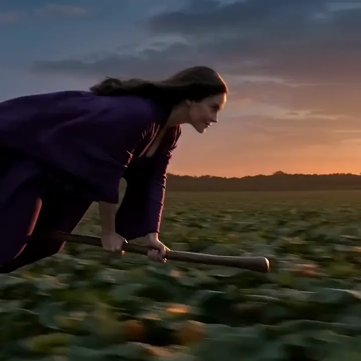 A witch in a violet robe flying her broom over a pumpkin field and a barn roof at dusk