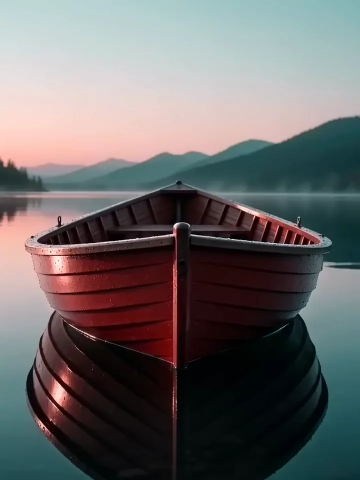 An empty red wooden boat rising off a still teal lake at pink dawn, water streaming from its keel