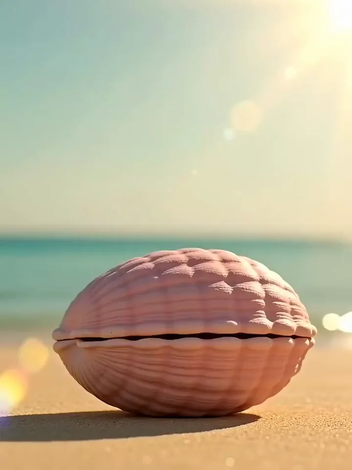 A clay hermit crab peeking out of a pink shell on a sunny beach and raising both claws
