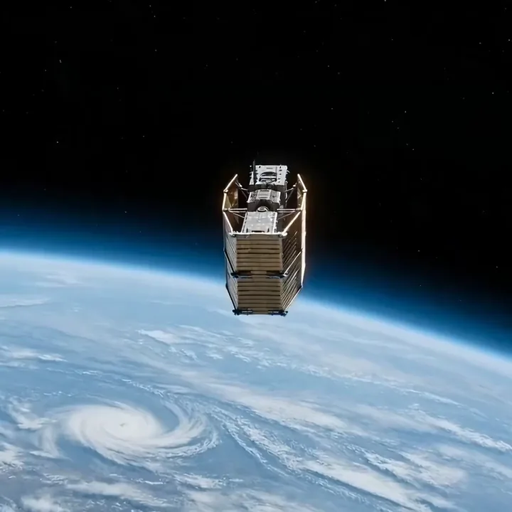 A satellite spreading golden solar panels above the blue Earth