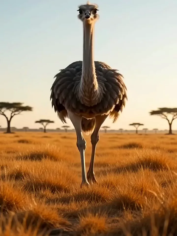 An ostrich walking up to the camera on orange grassland until its eye fills the frame