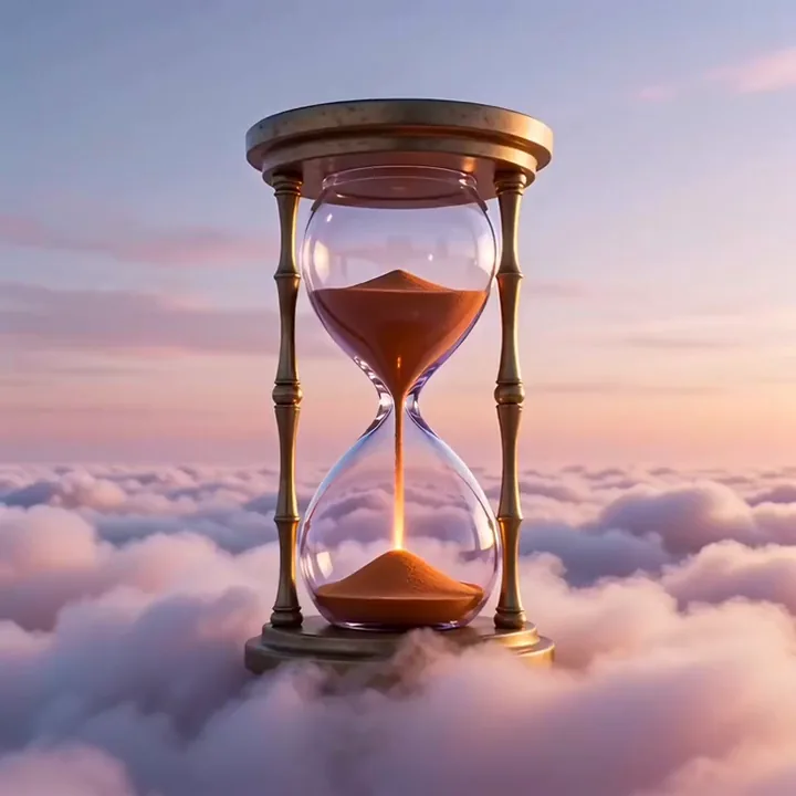 Eine riesige violette Sanduhr mit orangefarbenem Sand auf Pastellwolken