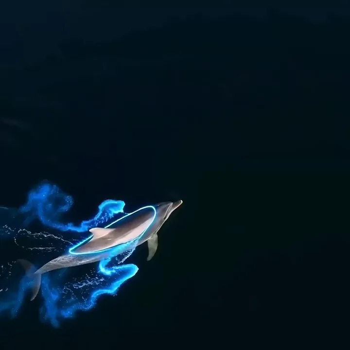 Clip aus Runway Gen-4.5: Ein Delfin leuchtet elektrisch blau, während er nachts durch eine biolumineszente Bucht schwimmt