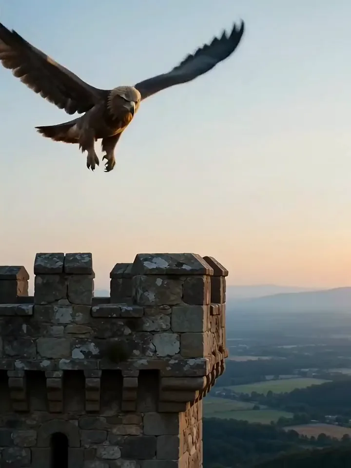 Ein Steinadler landet bei Sonnenuntergang auf einem steinernen Burgturm