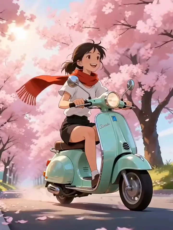 Mit Runway AI erstellt: Eine Anime-Figur fährt auf einem mintgrünen Roller eine Straße unter Kirschblüten hinunter