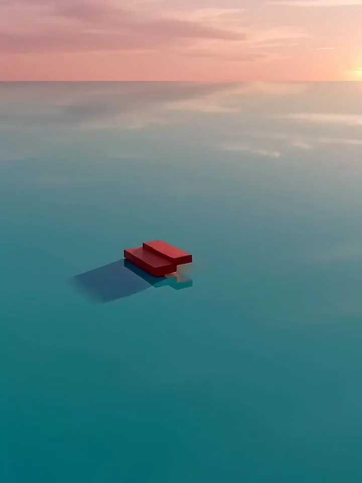Eine rote Wendeltreppe wächst Stufe für Stufe aus einem stillen rosa Meer empor