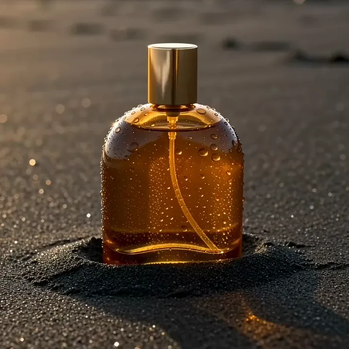 Amber perfume bottle on black sand as a foaming wave washes around it