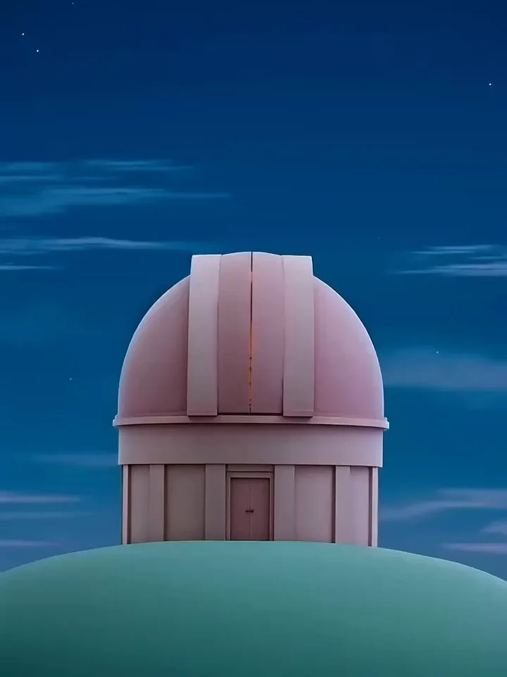 Pastel pink observatory opening its dome as a telescope rises at twilight