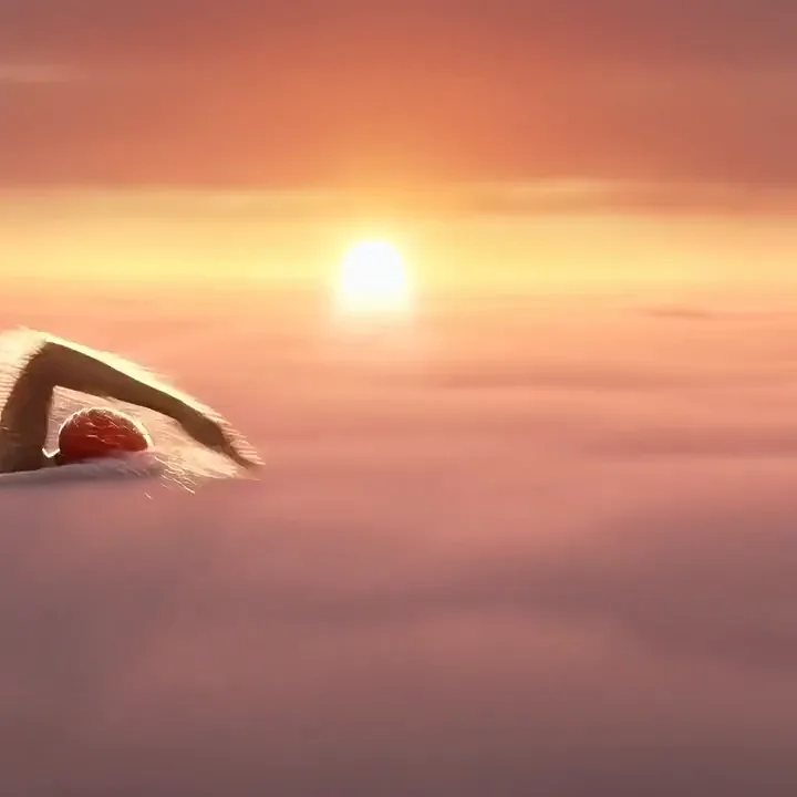 Swimmer in a red cap doing front crawl through pink sunrise clouds