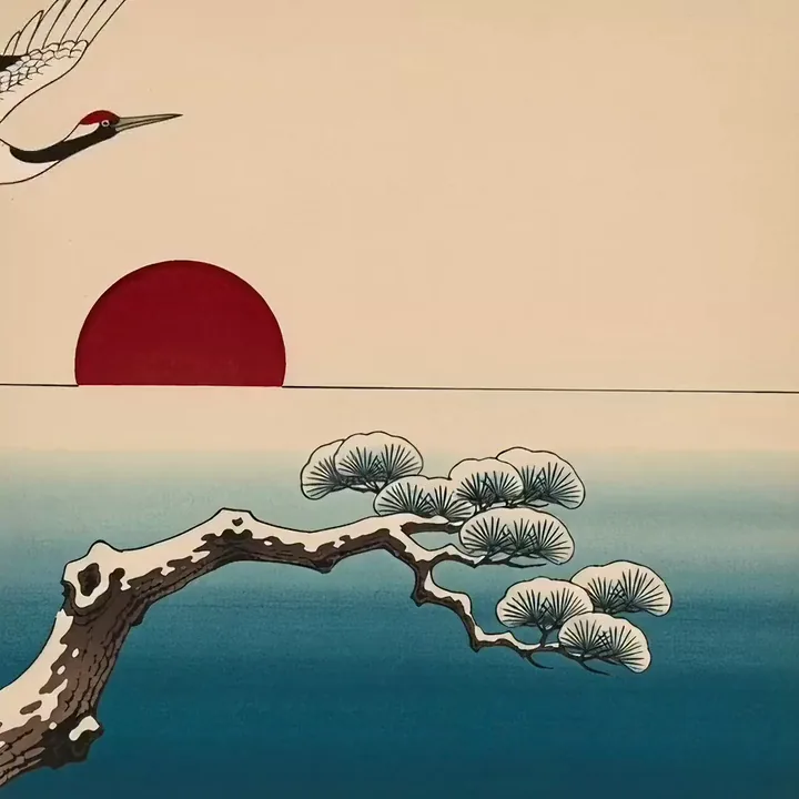 Runway Gen-4 Turbo video of a woodblock print crane landing on a snowy pine branch