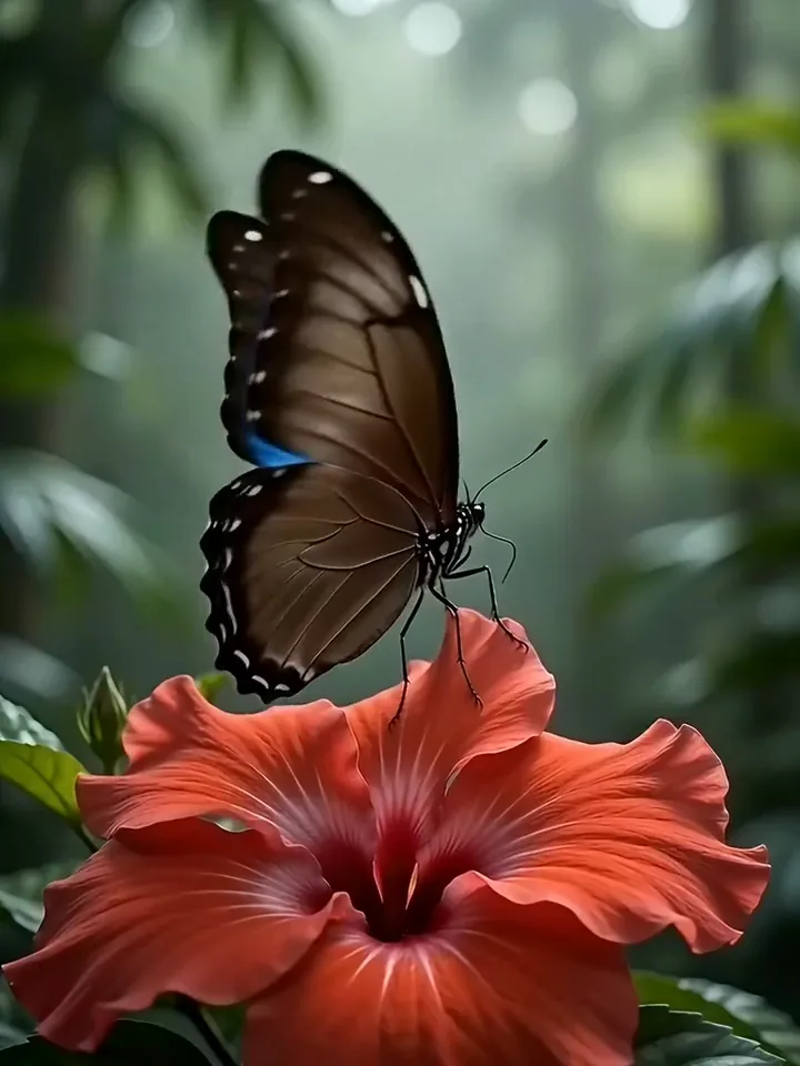 Seedance 2.0 video of a blue morpho butterfly opening its wings on a red hibiscus and lifting off