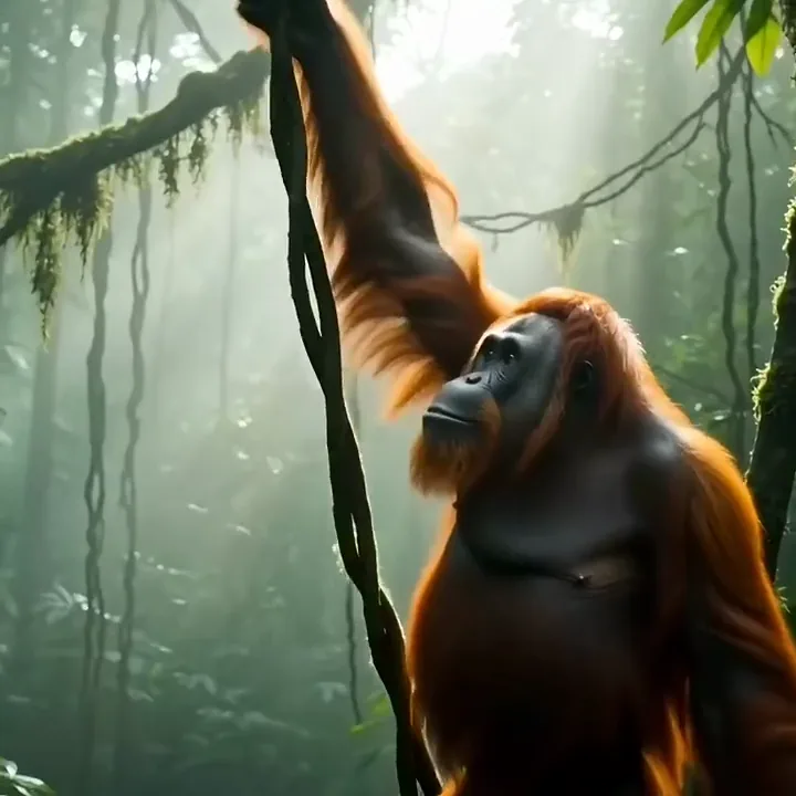 An orangutan swinging on a vine in a misty rainforest and settling onto a mossy branch