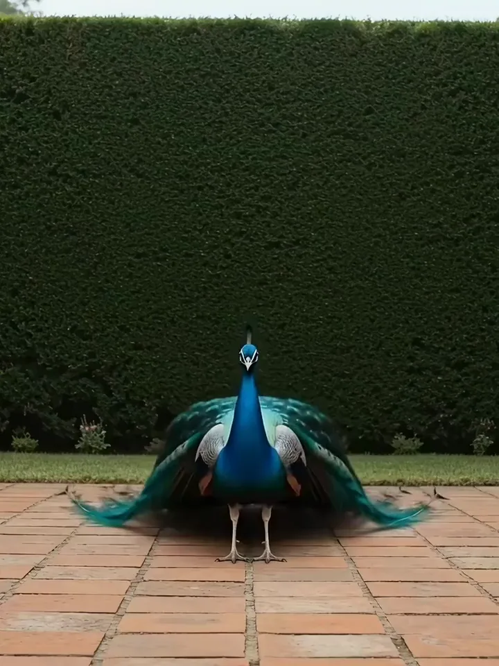 A peacock fanning its full tail on a terracotta terrace in front of a dark green hedge