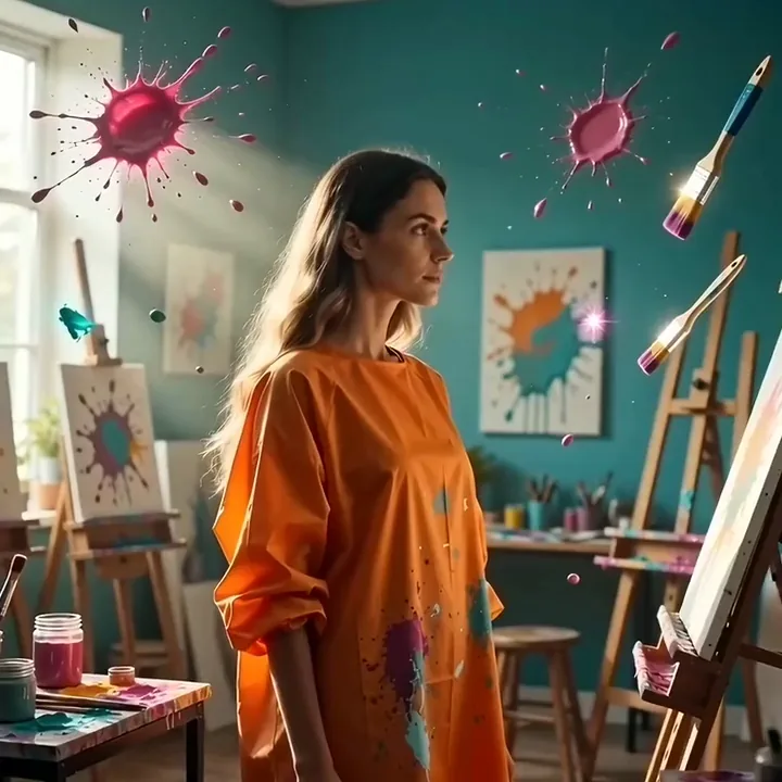A painter in an orange smock smiling as pink paint splashes hang in the air of her studio
