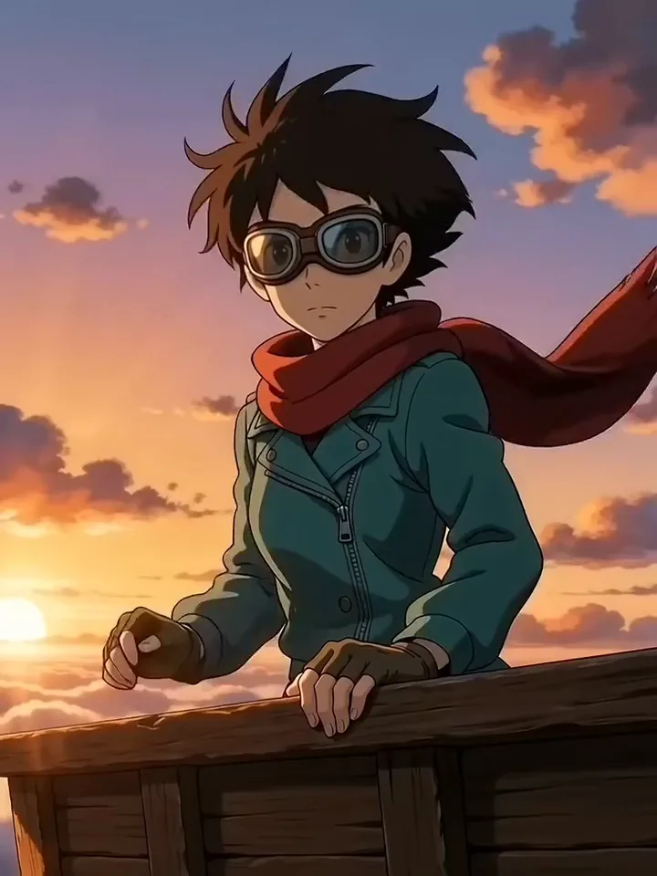 Seedance video of an anime airship pilot raising her goggles above sunset clouds