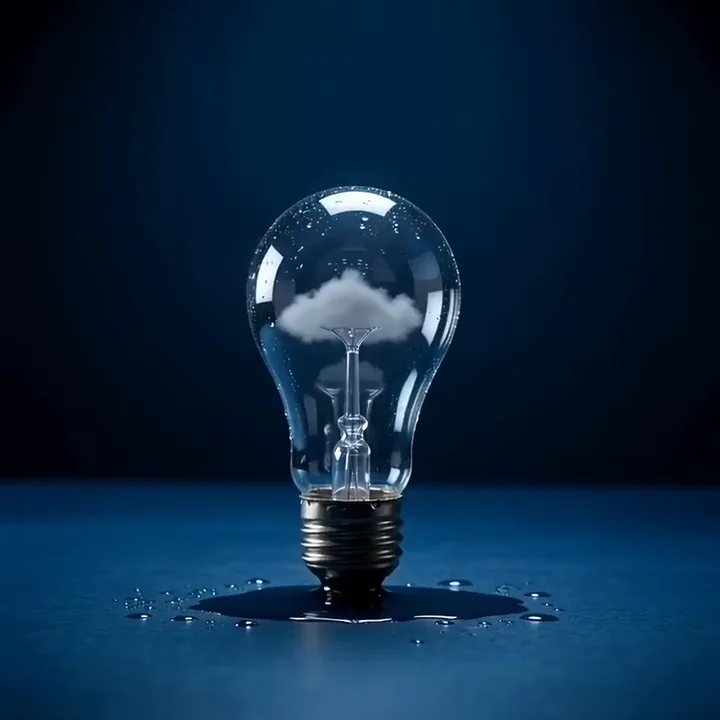 Tiny thunderstorm flickering with purple lightning inside a glass light bulb