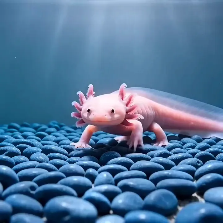 Seedance AI video of a pink axolotl walking over blue pebbles in a clear tank