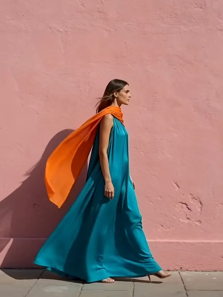 Model in a teal dress walking past a pink stucco wall as her orange scarf streams