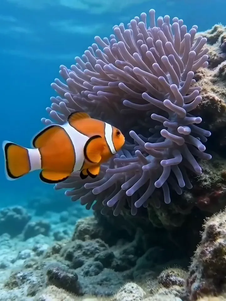 Seedance video of a clownfish nestling into the purple tentacles of a sea anemone