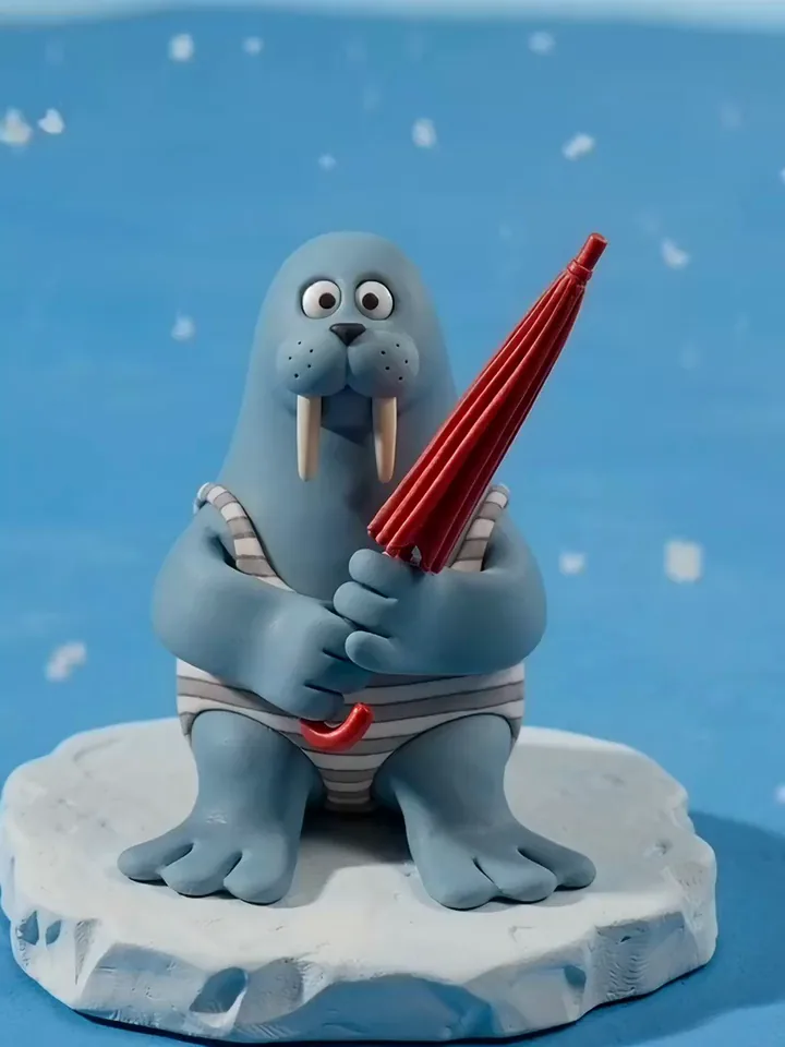 Text-zu-Video-Clip in Knetanimation, in dem ein Walross aus Knete bei Schneefall einen roten Regenschirm aufspannt