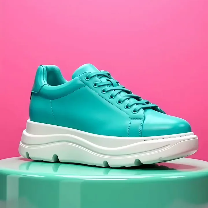 KI-generiertes Video eines petrolfarbenen Sneakers, der auf einem mintgrünen Sockel vor einer rosa Wand leuchtend orange wird