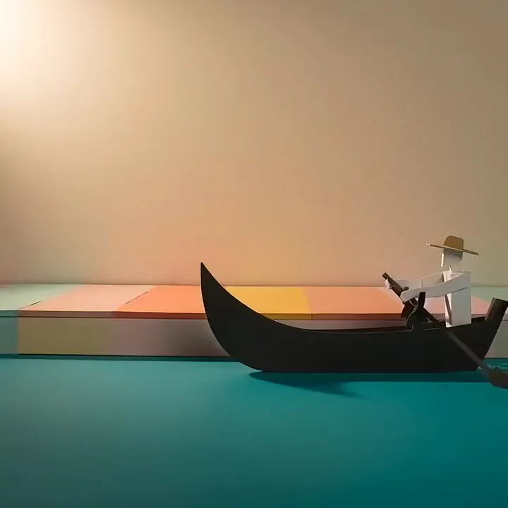 Text-zu-Video-Clip einer Papiergondel auf einem türkisfarbenen Kanal, hinter der sich Papierhäuser aufklappen