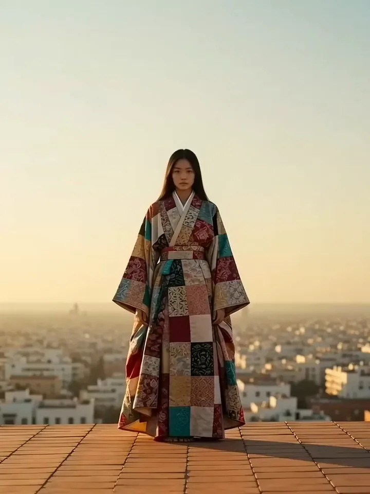 KI-Video eines Models im Patchwork-Kimono, das nach vorn läuft, während der Wind die langen Ärmel bauscht