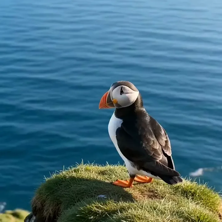 KI-generiertes Video eines Papageitauchers, der mit den Flügeln schlägt und von einer grasbewachsenen Klippe über dem blauen Meer abhebt