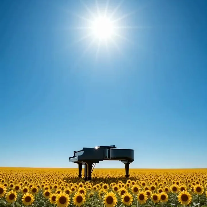 Text-zu-Video-Clip eines schwarzen Konzertflügels, der über einem Sonnenblumenfeld unter strahlender Sonne aufsteigt