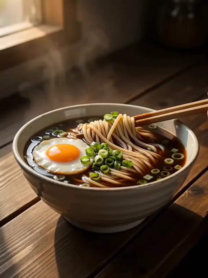 Video Veo 3.1 di bacchette che sollevano noodle di ramen da una ciotola fumante con un uovo fritto