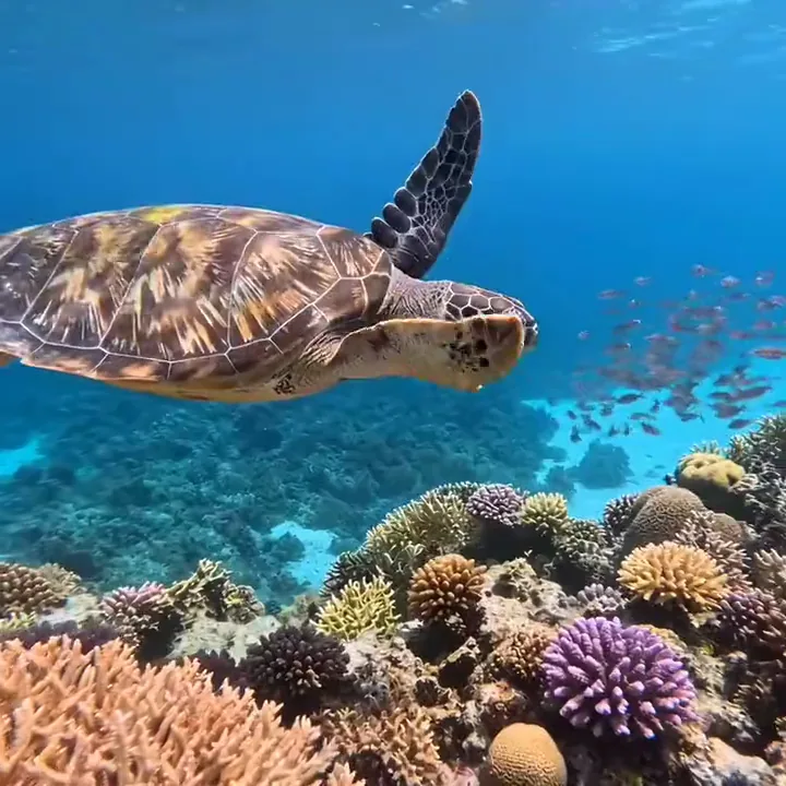 Una tartaruga marina che scivola sopra una barriera corallina colorata in acque blu e limpide