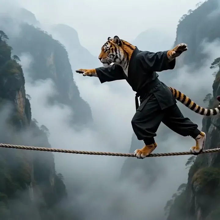 Video Veo 3.1 di una tigre in divisa nera da kung fu in equilibrio su una fune sopra una gola nebbiosa