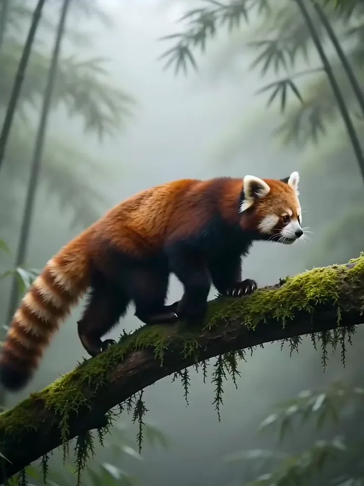 Un panda rosso che cammina su un ramo coperto di muschio in un bosco di bambù avvolto dalla nebbia
