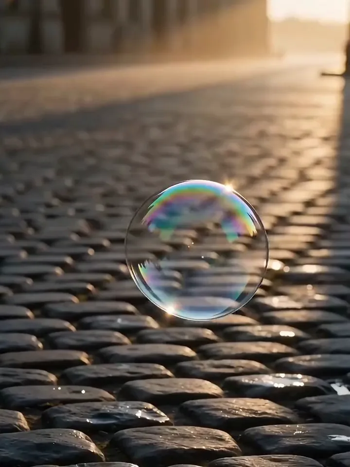 Una bolla di sapone che fluttua bassa sopra un selciato bagnato prima di scoppiare