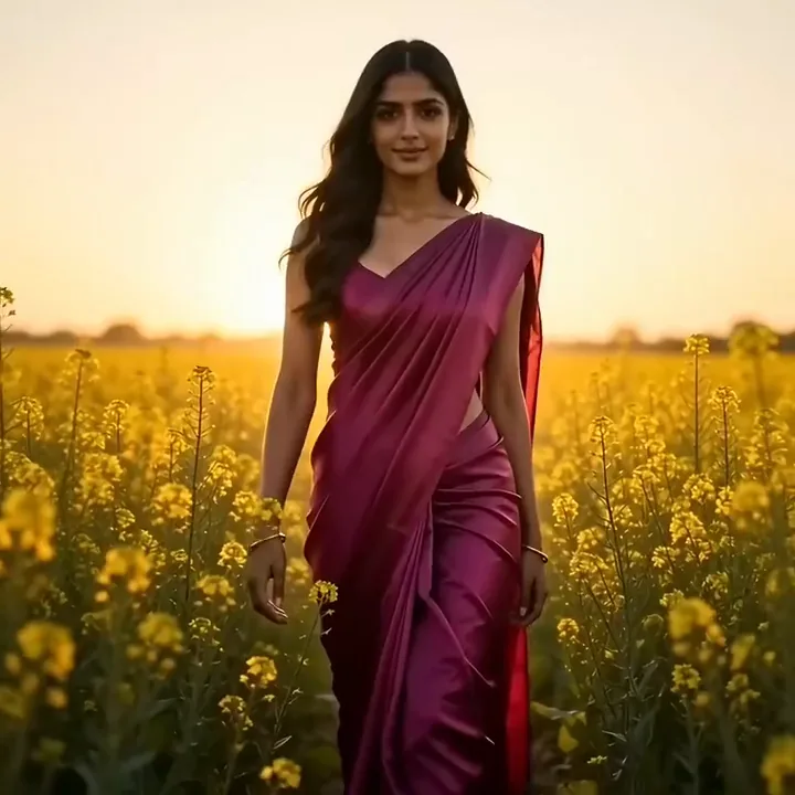 Wan 2.2 video of a woman in a magenta saree walking through yellow mustard flowers as her pallu lifts