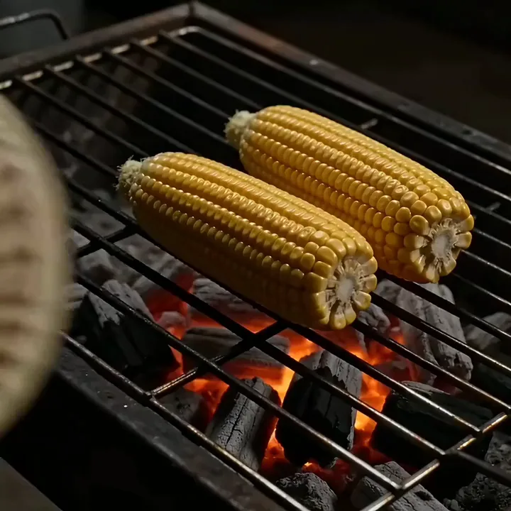 Corn cobs roasting over coals as a woven fan makes the flames leap