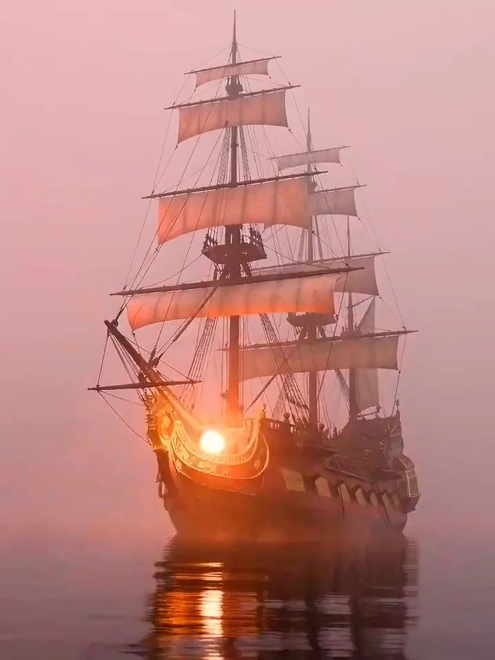 Wan 2.2 video of a red and gold galleon firing three cannons in pink fog